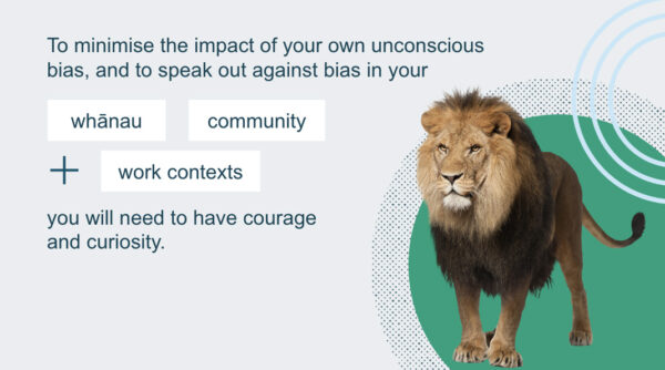 A screenshot from Unconscious Bias Module 1, a lion surrounded with graphics