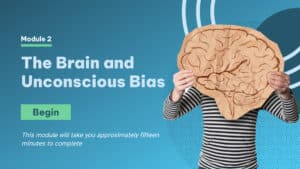 A still frame from unconscious bias module 2, featuring a person holding a cardboar cut out picture of a brain surrounded with graphics