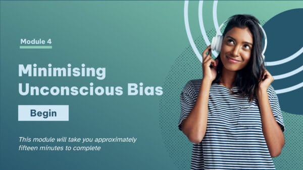 A still frame from unconscious bias module 4, featuring a woman wearing headphones surrounded with graphics