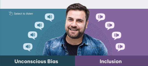 A still frame from one of the interactive modules for unconscious bias module 1, featuring a man surrounded with several interactive audio buttons