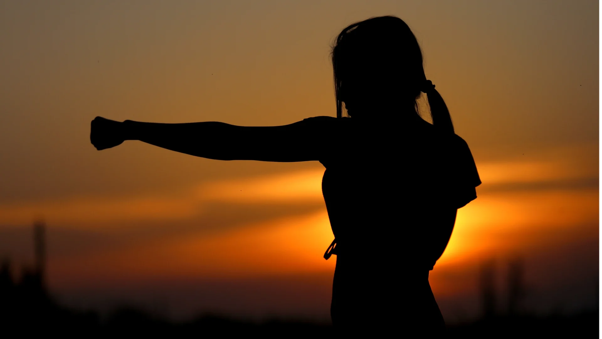 a silhouette of a female shadow boxer at sunset